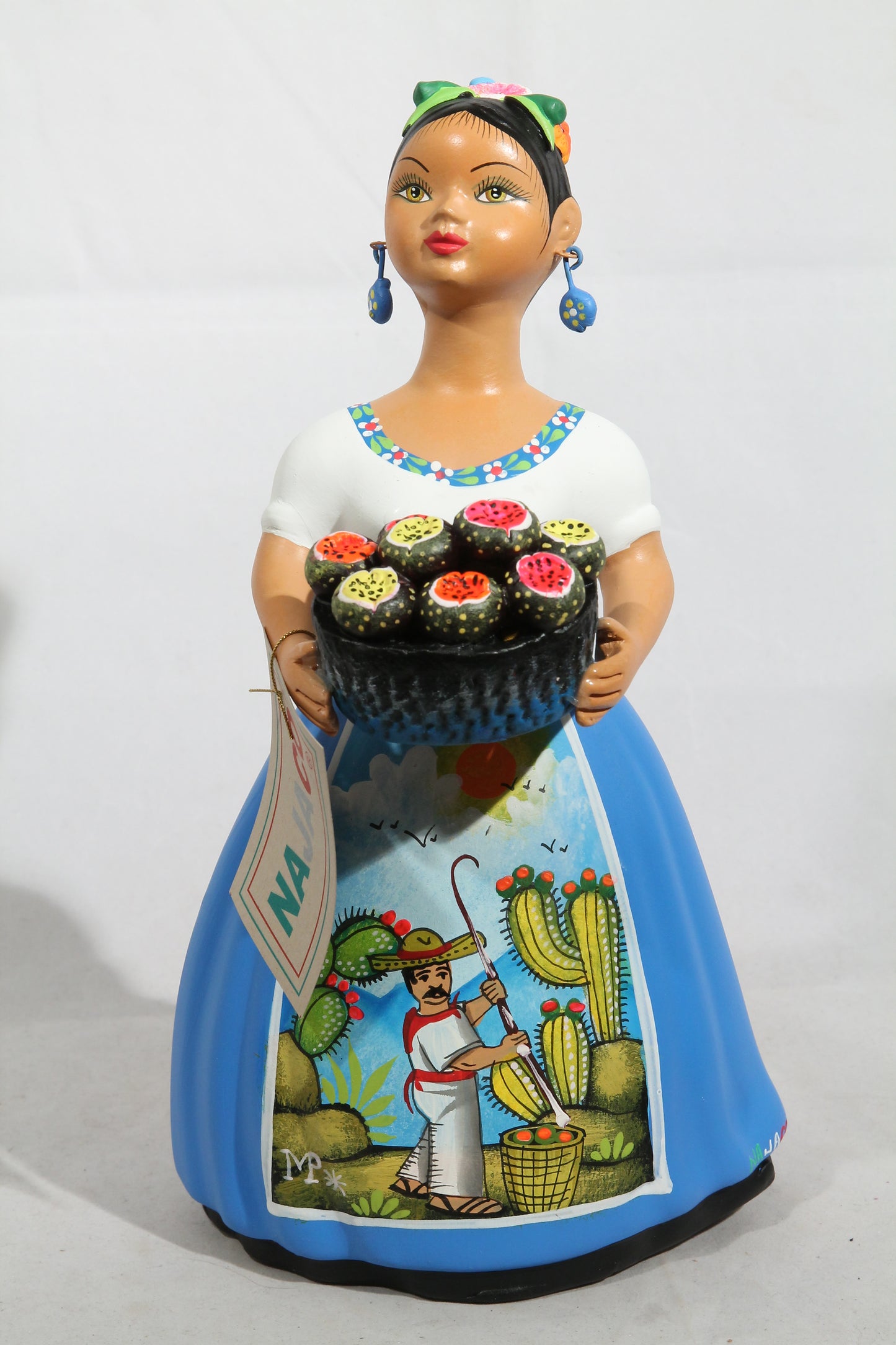 Lupita Najaco Ceramic Doll Mexican Folk Art Pitayas/Dragon Fruit Celeste Blue