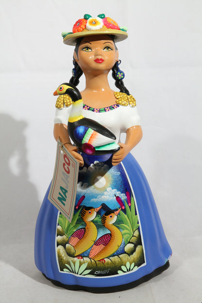 Lupita NAJACO Ceramic Doll w Hat Holding Goose Mexican Folk Art New Blue