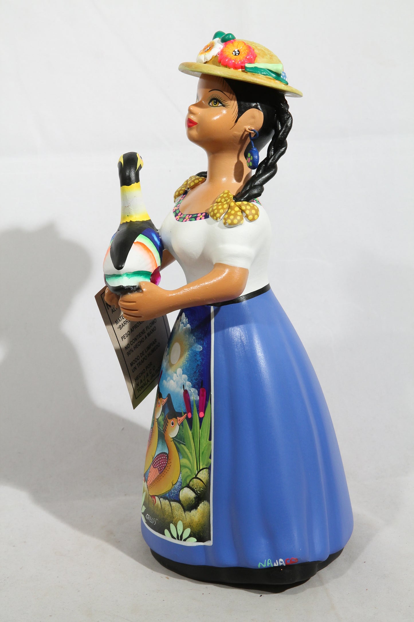 Lupita NAJACO Ceramic Doll w Hat Holding Goose Mexican Folk Art New Blue
