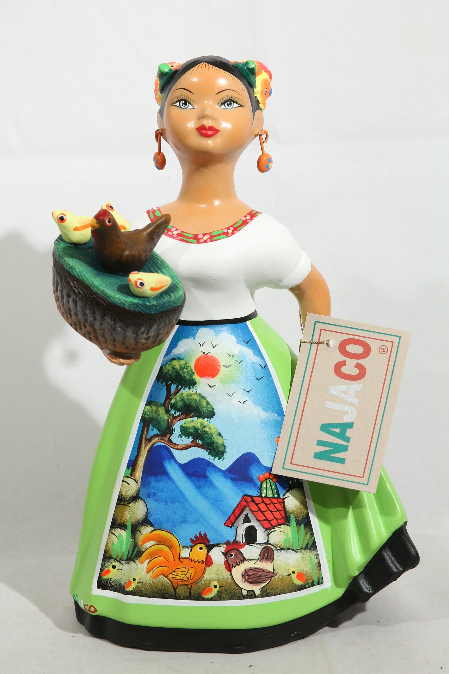 Najaco Lupita Doll/Figurine Mexican Folk Art Basket/Chickens Lime Green