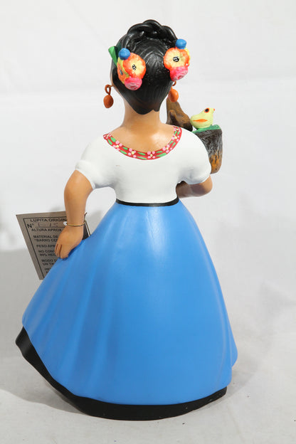 Lupita Figurine Ceramic Mexican Folk Art Basket of Chickens Celeste Blue
