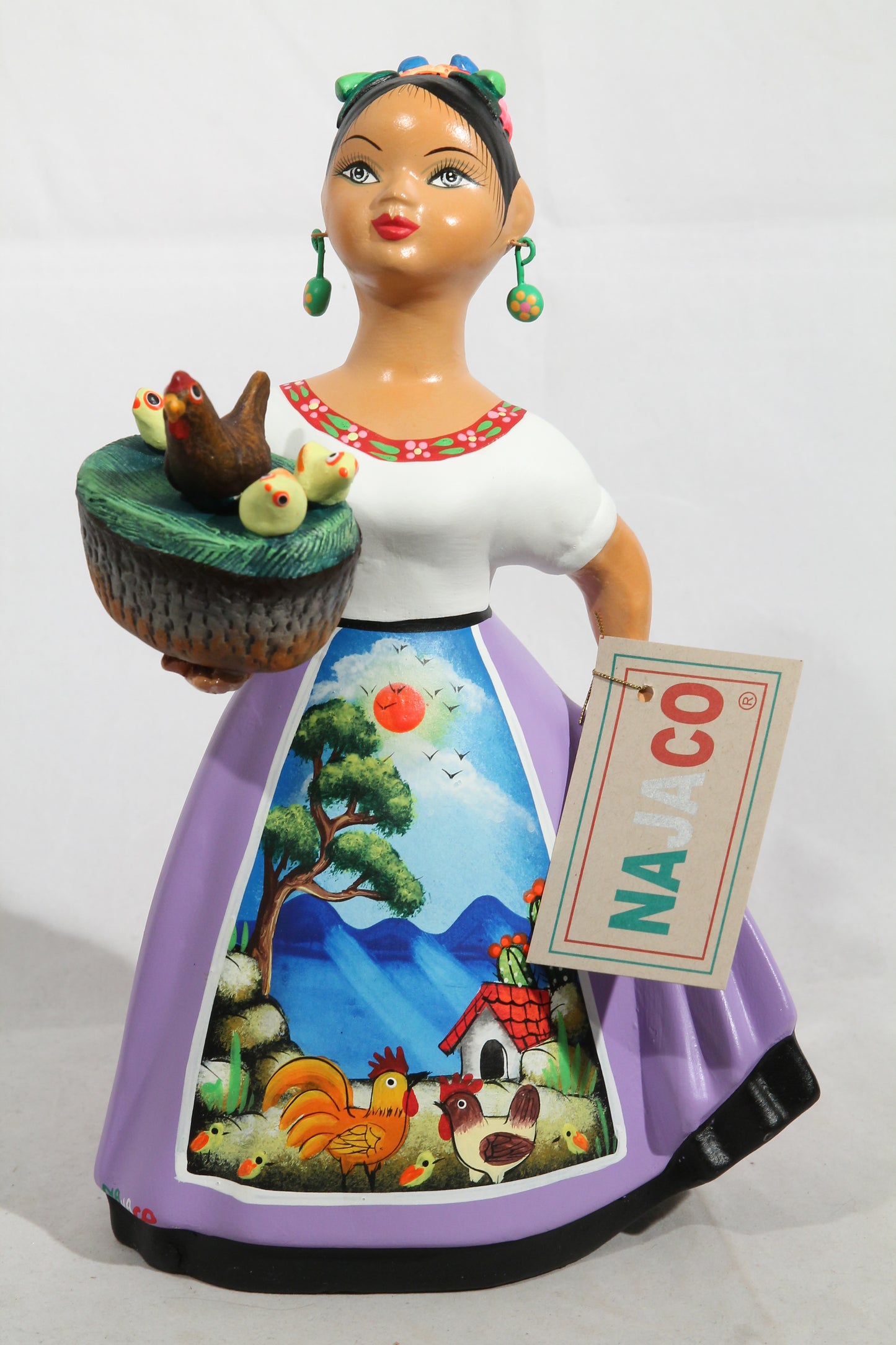 Najaco Lupita Figurine Ceramic Mexican Folk Art Bskt/Chickens Espanola Lilac #2