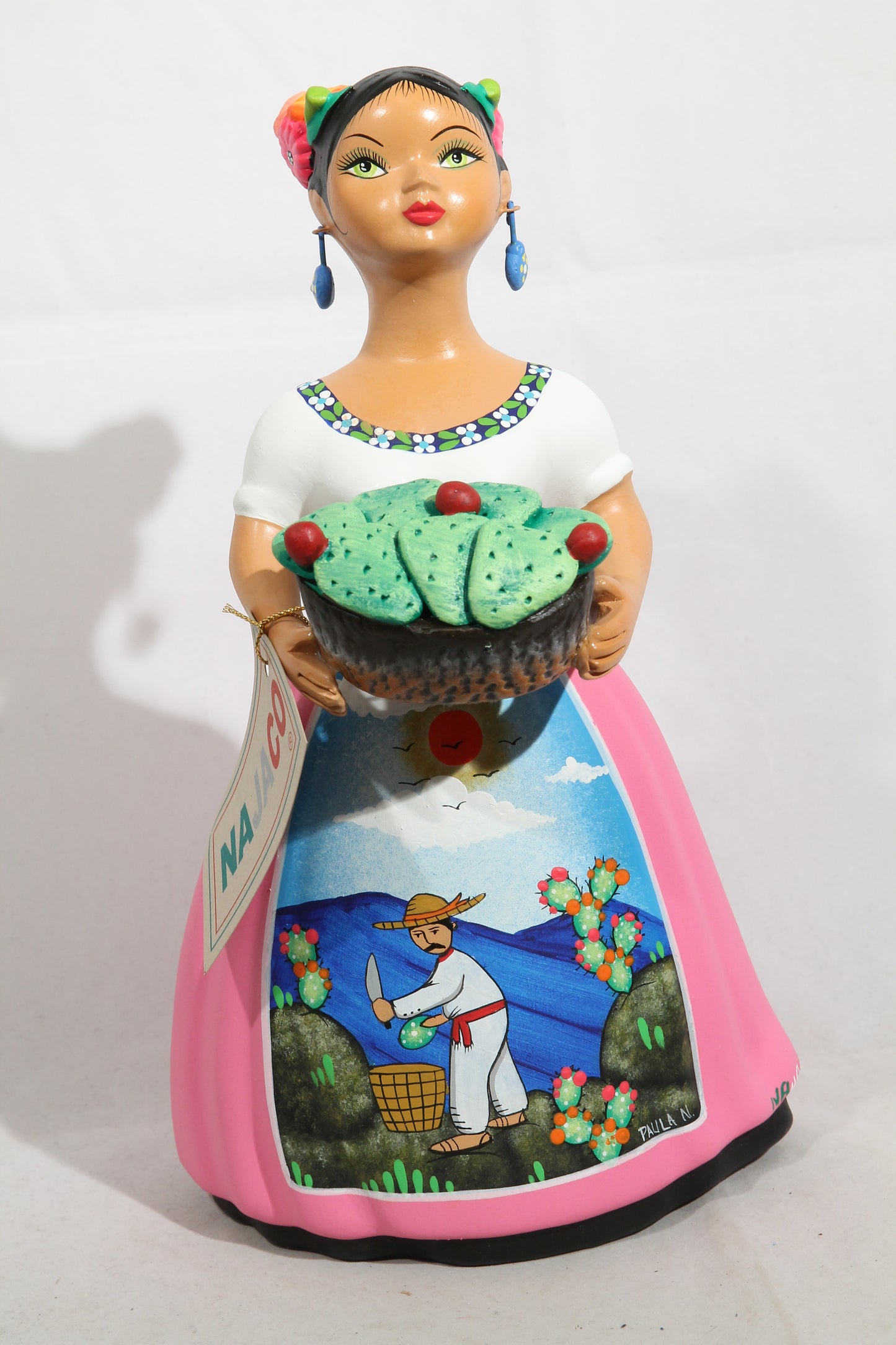 Lupita Ceramic Doll/Figurine Mexico Folk Art Basket Nopales Pink