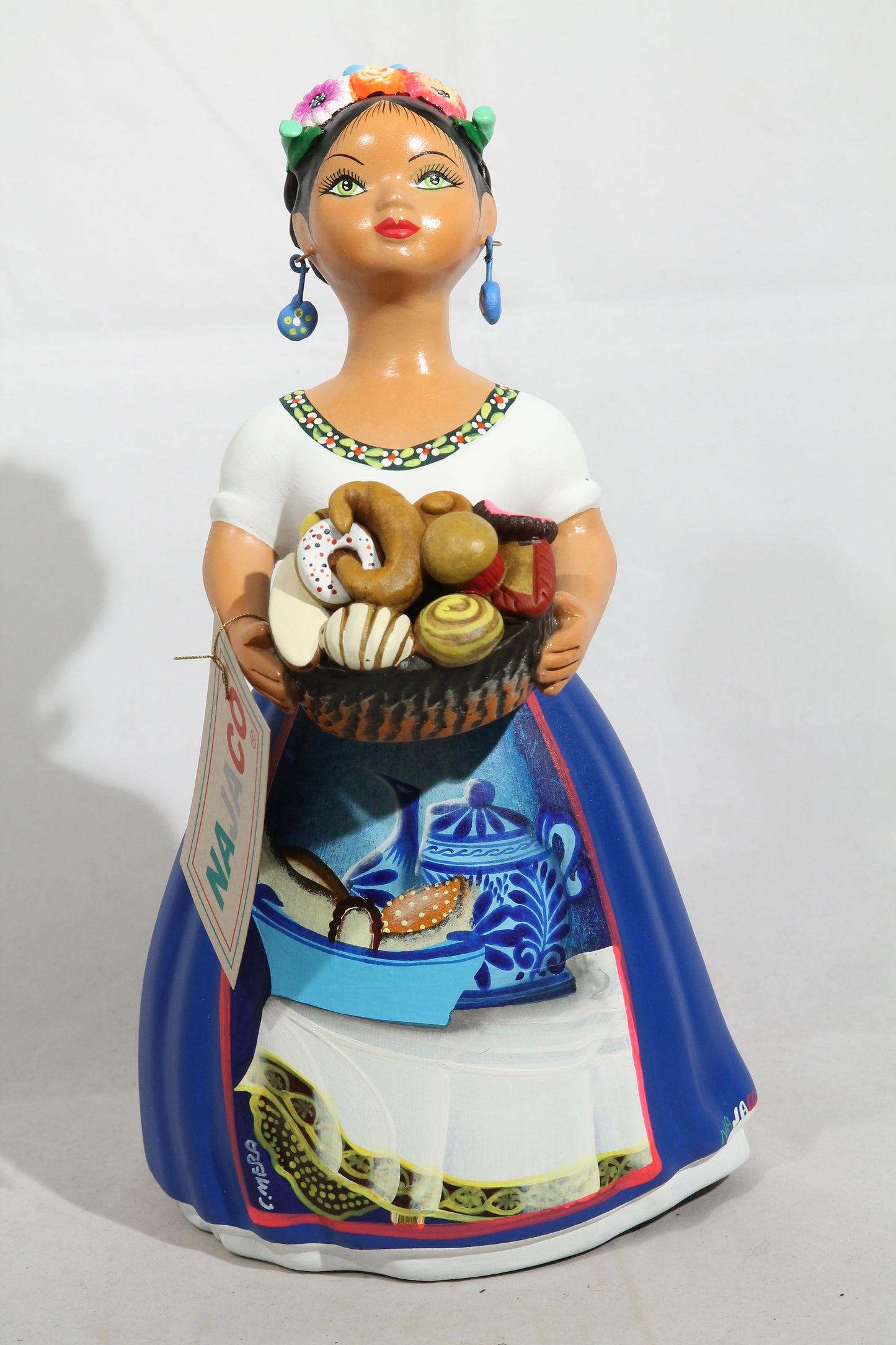 Lupita NAJACO Ceramic Doll Mexico Sweet Bread Basket Royal Blue