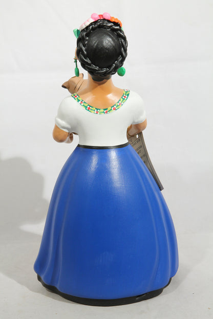 Lupita Najaco Ceramic Doll Pig Basket Mexican Folk Art Royal Blue