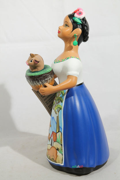 Lupita Najaco Ceramic Doll Pig Basket Mexican Folk Art Royal Blue