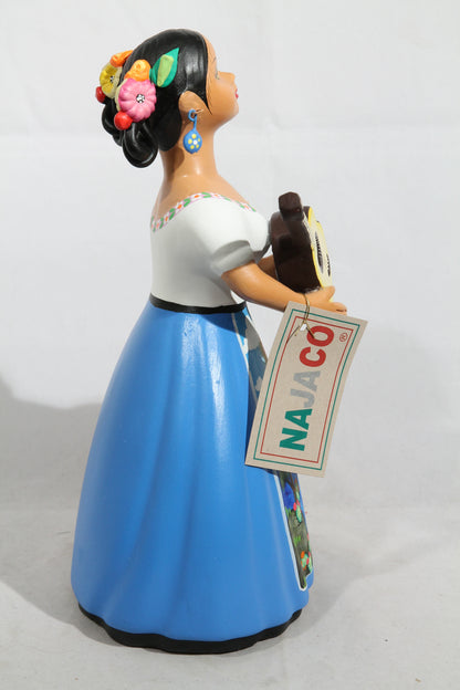 Lupita Najaco Ceramic Doll w Guitar Mexico Folk Art Celeste Blue #3