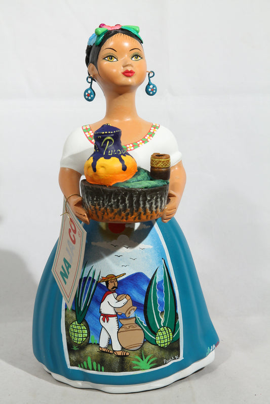 Lupita NAJACO Ceramic Doll/Figurine Pulque Seller Mexican Folk Art Teal #2