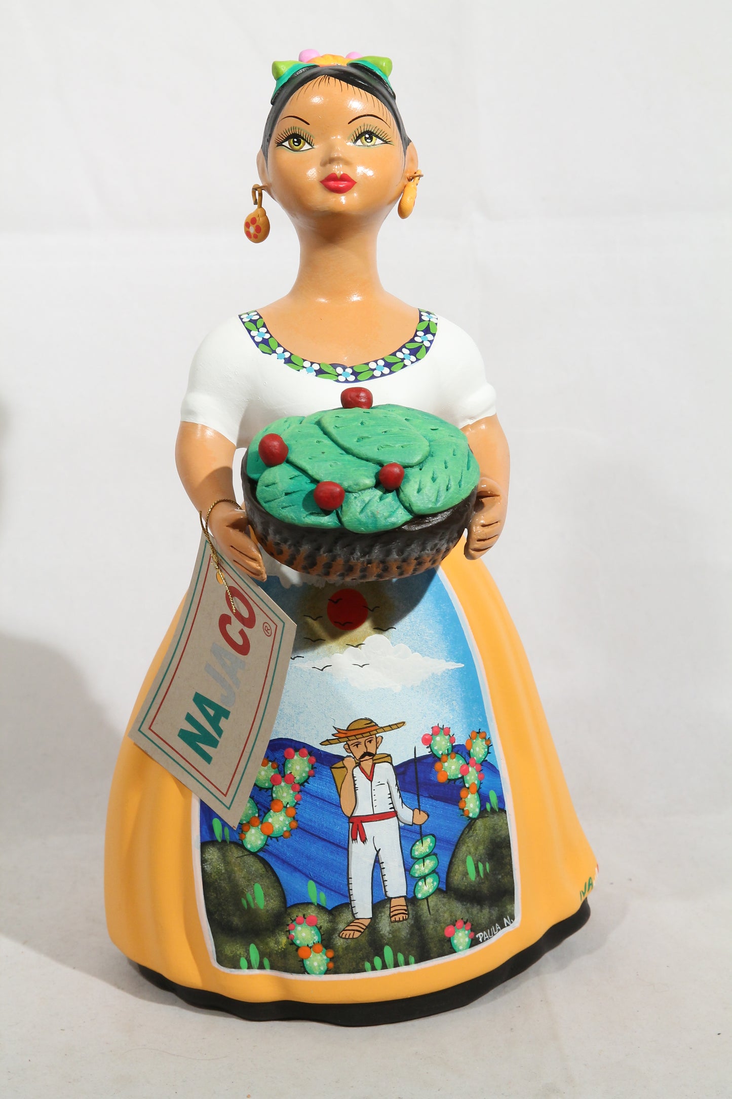 Lupita Ceramic Doll/Figurine Mexico Folk Art Basket Nopales Mustard