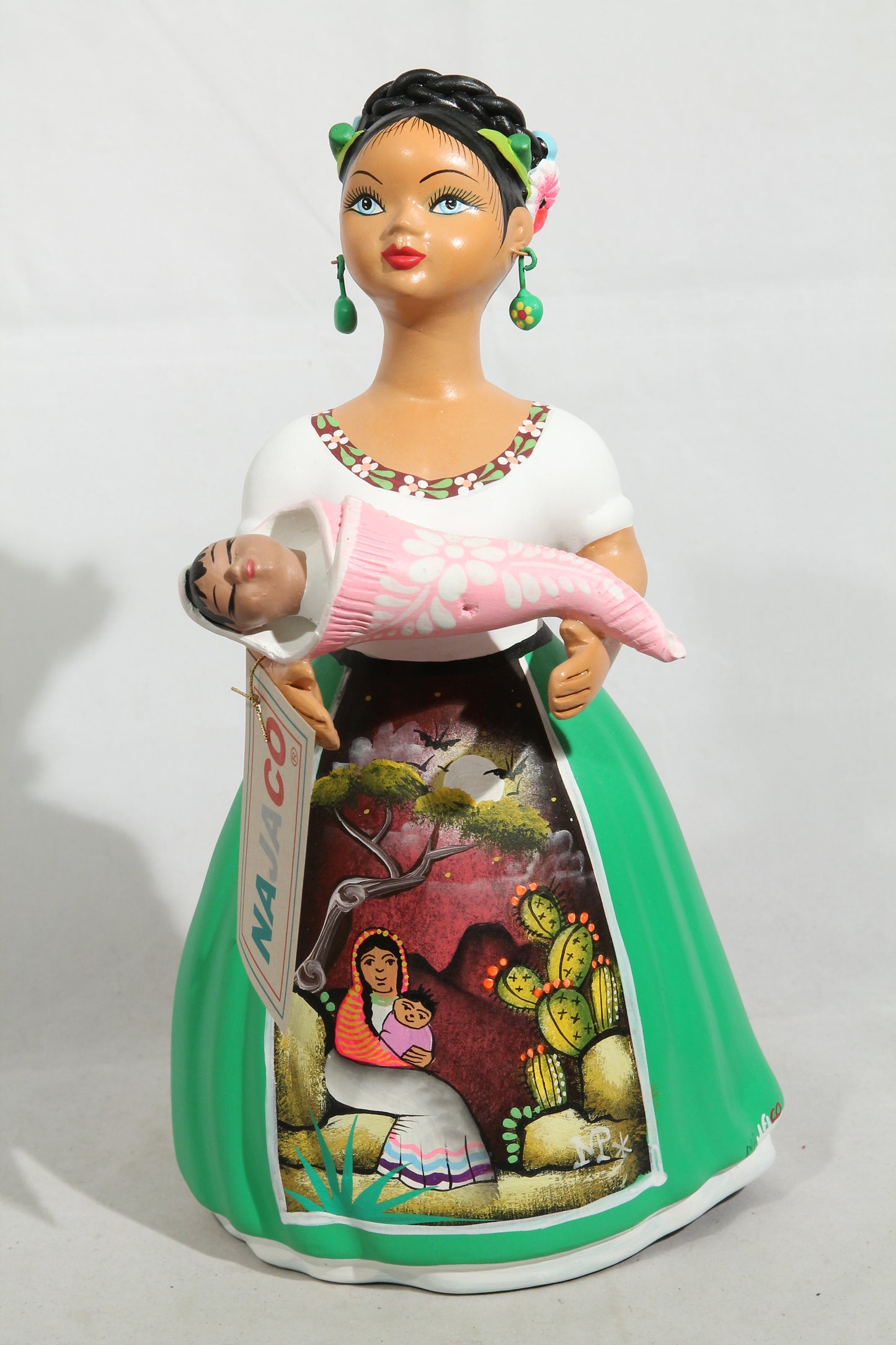Lupita Doll Figurine Holding Baby Ceramic Mexican Green Skirt #2