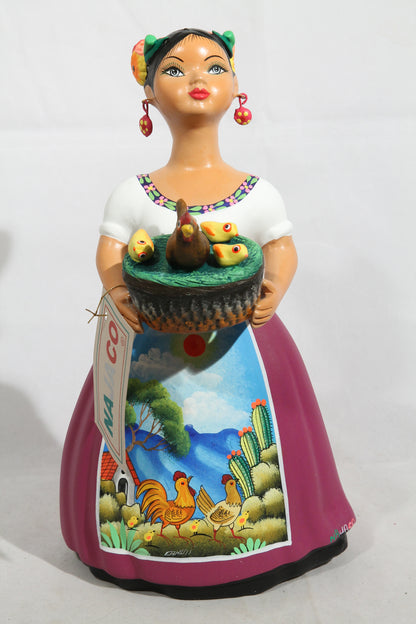 Lupita Doll Ceramic Mexican Folk Art Basket of Chickens Plum Dress #3