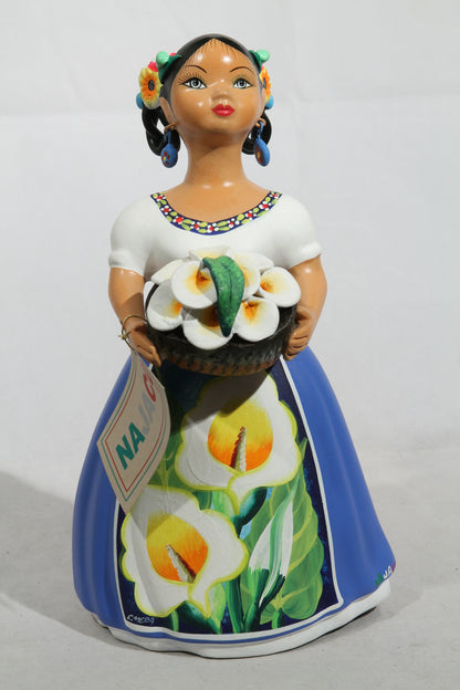 Najaco  Lupita Ceramic Figurine Basket of Calla Lilies Mexico Folk Art New Blue