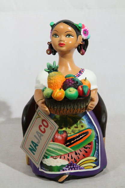 Lupita Najaco Ceramic Doll/Figurine Sitting Mexico Fresh Fruit Basket Plum
