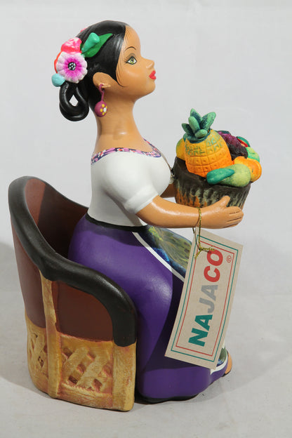 Lupita Najaco Ceramic Doll/Figurine Sitting Mexico Fresh Fruit Basket Plum