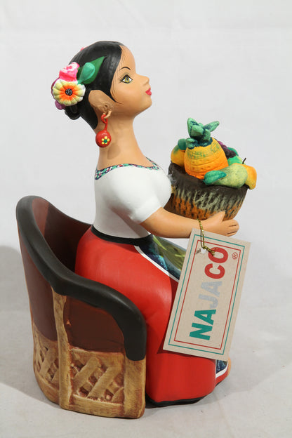 Najaco Lupita Doll Sitting Fresh Fruit Basket Ceramic Mexican Red