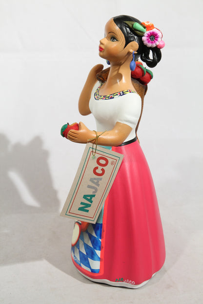 Lupita Najaco Ceramic Figurine Sack of Apples Mexican Folk Art Fuchsia