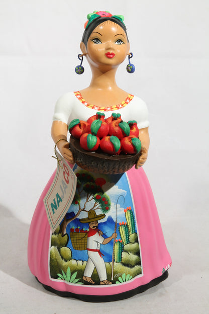 Lupita Najaco Ceramic Figurine Basket of Apples Mexican Folk Art Pink