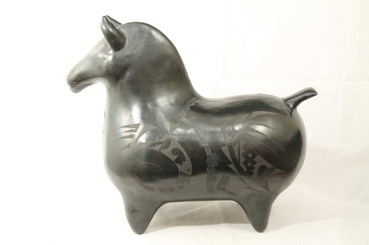 Ceramic Large Black Horse Mexican Folk Art Pottery Incised Décor Pablo M. Ortega