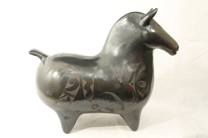 Ceramic Large Black Horse Mexican Folk Art Pottery Incised Décor Pablo M. Ortega