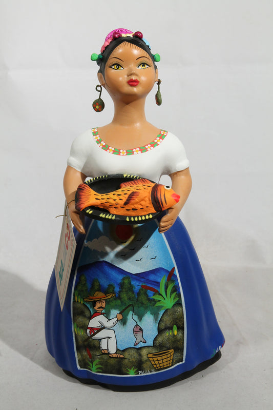 Lupita Doll NAJACO W Platter of Fish Ceramic Mexico Royal Blue