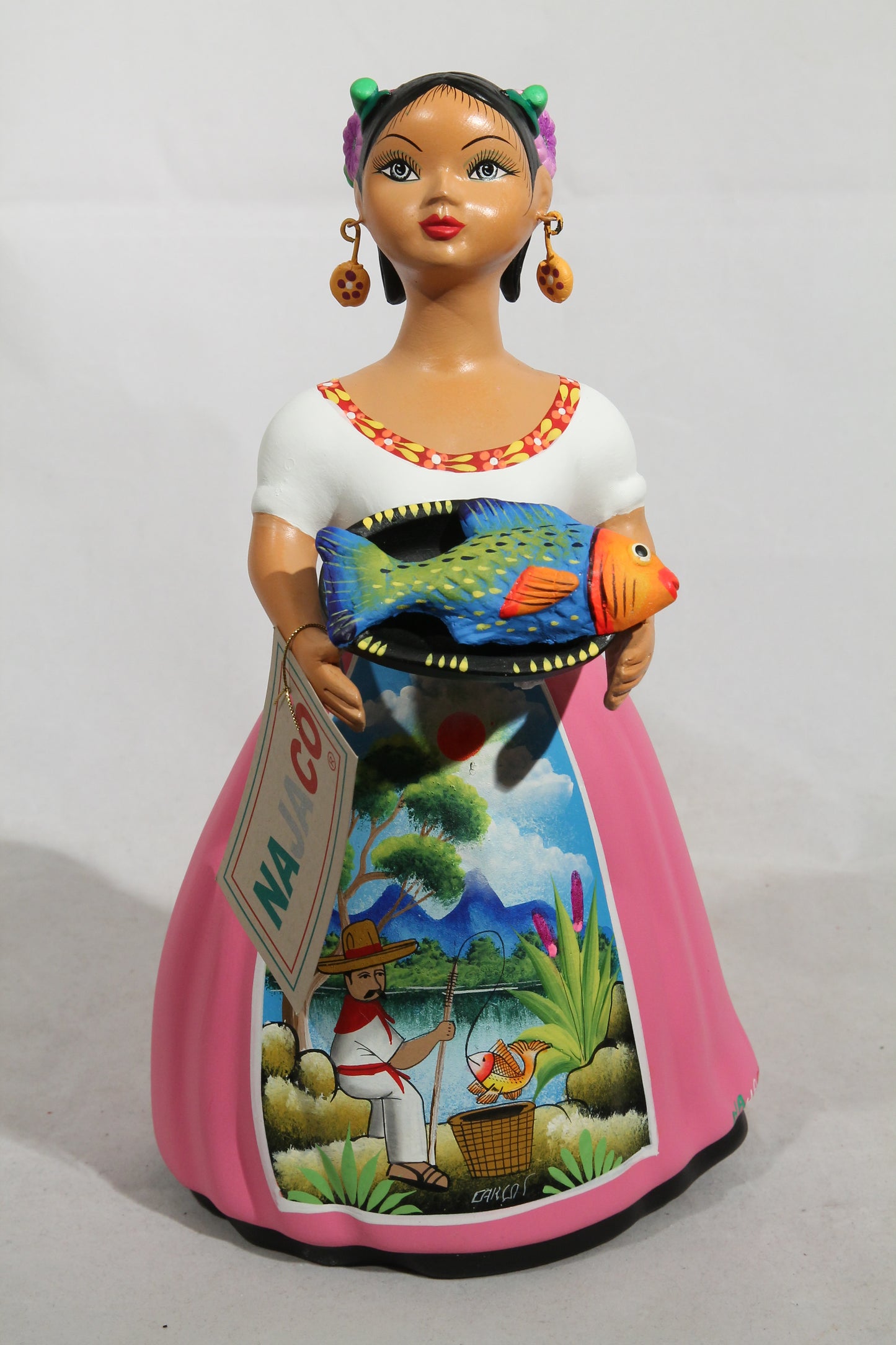 Najaco Ceramic Lupita Platter w Fish  Mexican Folk Art Pink