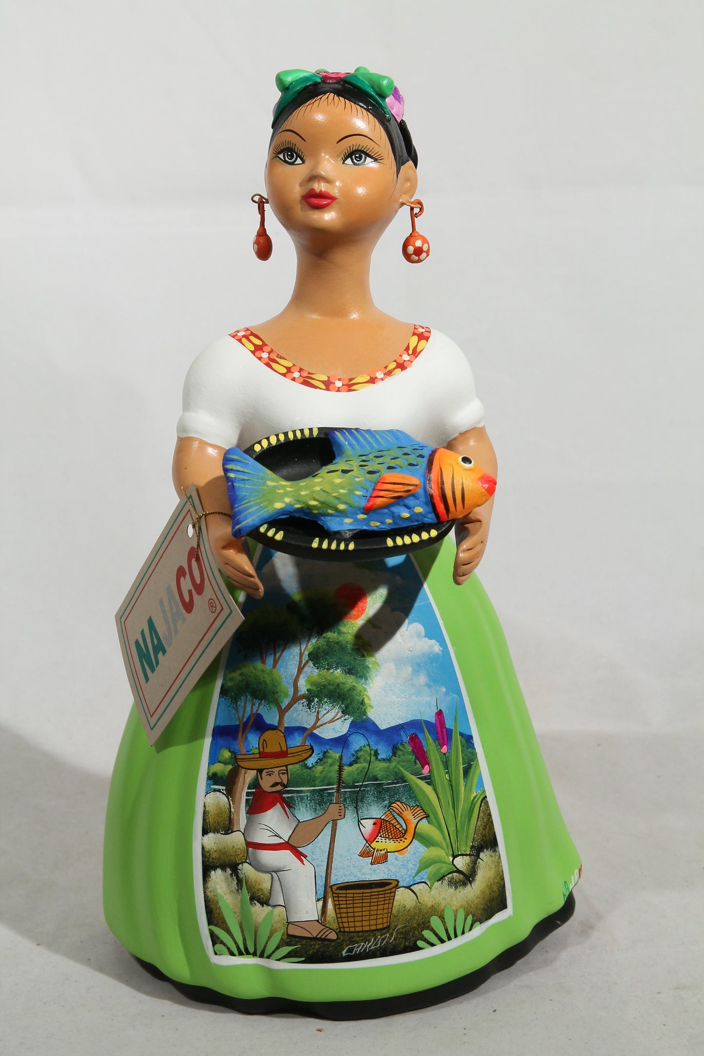 Lupita NAJACO Ceramic Doll/Figurine Mexican Folk Art Plate Fish Décor Lime Grn