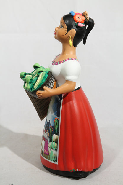 Lupita Doll Ceramic Mexican Folk Art Basket of Corn Red Dress #3