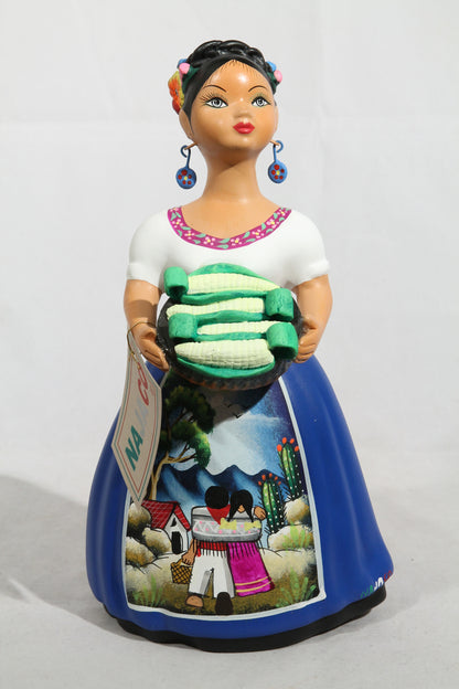 Lupita NAJACO Ceramic Figurine Mexican Folk Art Gorditas/Metate Royal Blue
