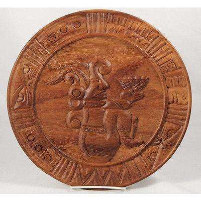 Wood Plate With Mayan Priest Offering Collectible Folk Art Mexico Hand Carved