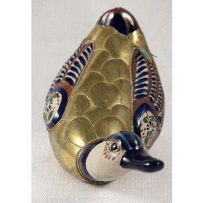 Vintage Mexican Ceramic/Brass Duck Handmade/Painted Folk Art Mexico Tonola