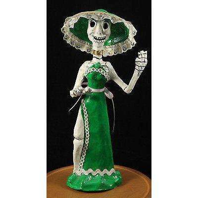 Mexican "Day of The Dead" Catrina Doll Paper Mache Hand Made/Painted Green Tall