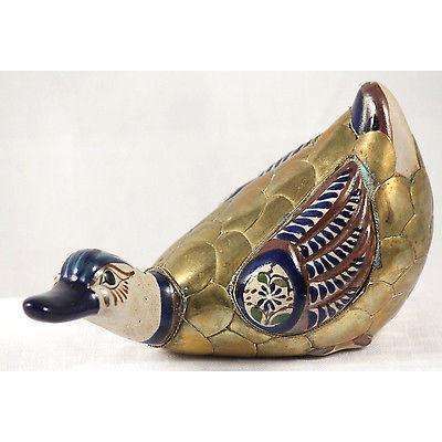 Vintage Mexican Ceramic/Brass Duck Handmade/Painted Folk Art Mexico Tonola
