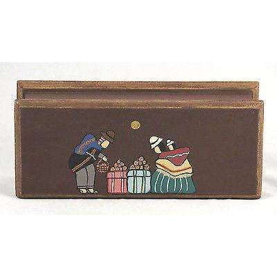 Wood Trinket Box Handmade/Hand Painted South America Folk Art Original Brown