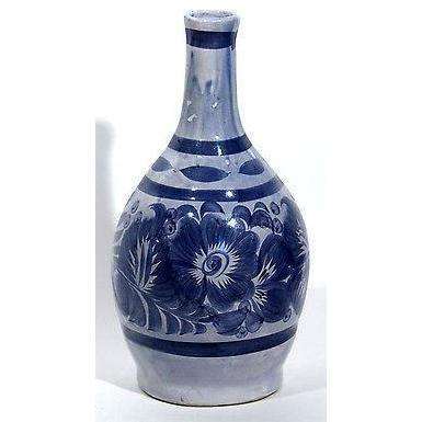 ceramic vessel mexican hand vase Blue painted 13 1/2" Tall Flower design