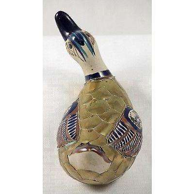Vintage Mexican Ceramic/Brass Duck Handmade/Painted Folk Art Mexico #1