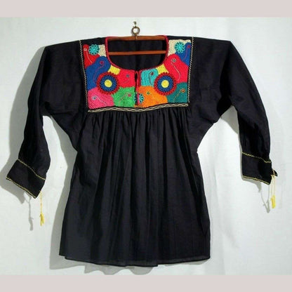 New Authentic Mexican Cotton Blouse/Top Ethnic Embroidered Boho/Hippie Black
