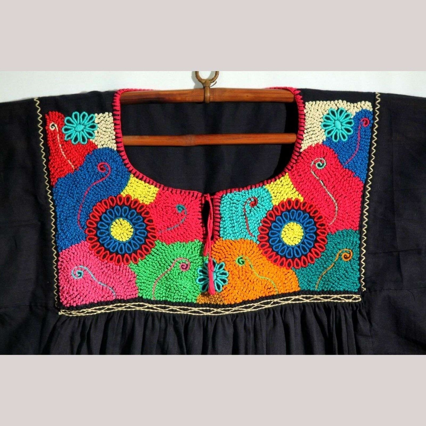 New Authentic Mexican Cotton Blouse/Top Ethnic Embroidered Boho/Hippie Black