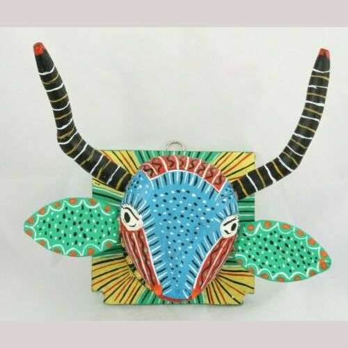 Wood Hanging Deer Head Folk Art Hand Crafted/Painted Décor Mexican Blue Face
