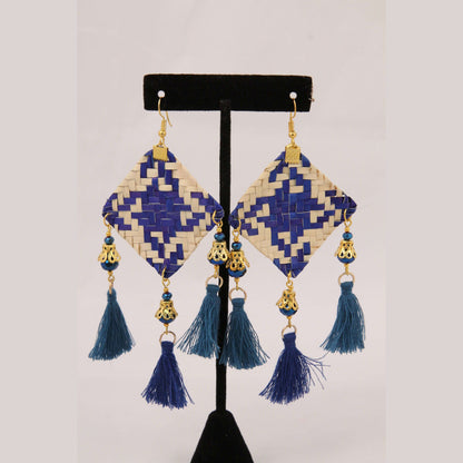 Hand Crafted Woven Palm Earrings Jewelry Mexican Folk Wearable Art Oaxaca Blue