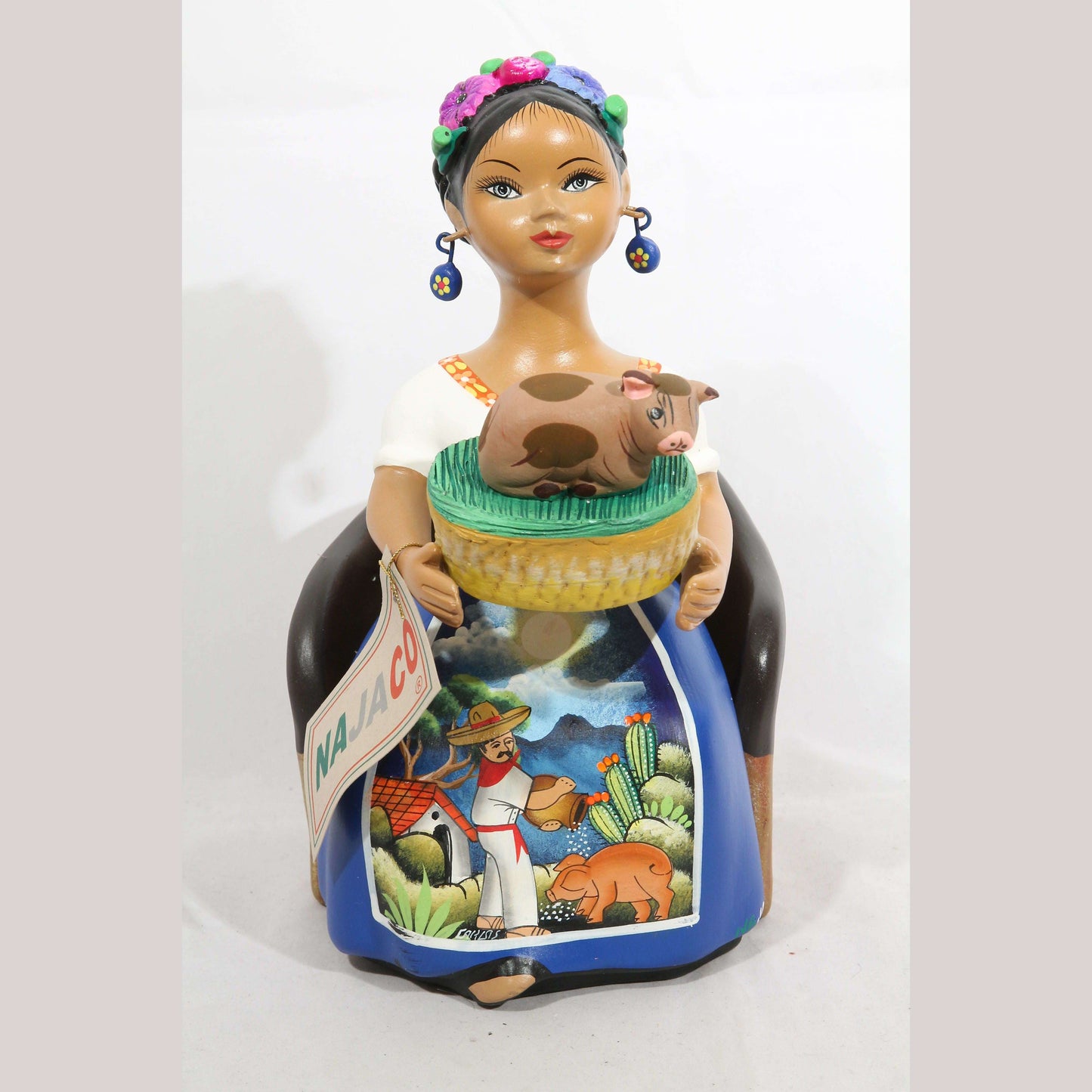 Lupita Doll Sitting Piglet Basket Royal Blue Skirt Ceramic Mexican