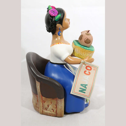 Lupita Doll Sitting Piglet Basket Royal Blue Skirt Ceramic Mexican