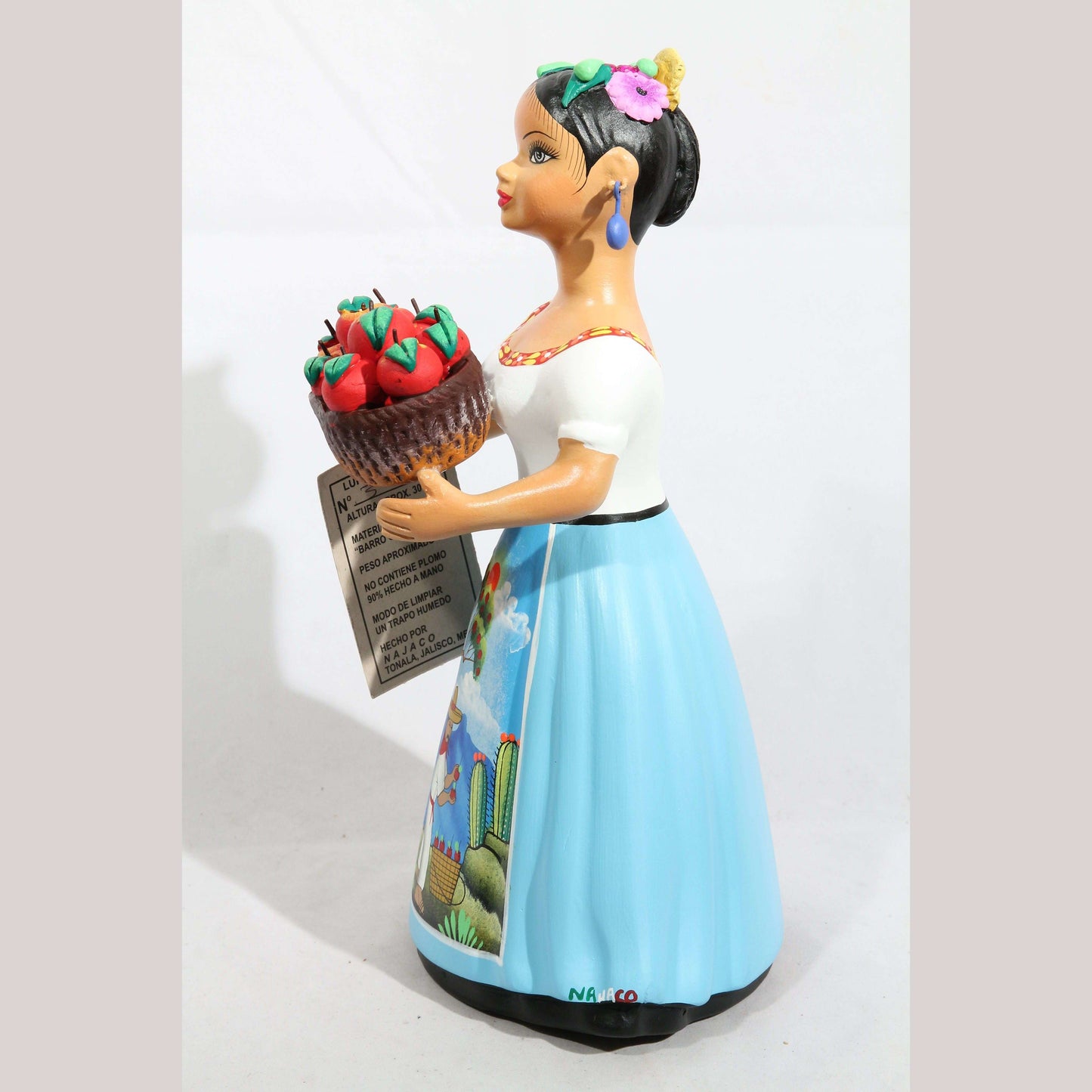 Lupita Doll Ceramic Mexican Folk Art Apple Basket Sky Blue #2