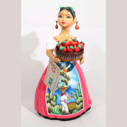 Lupita Najaco Ceramic Doll Mexican Folk Art Apple Basket Fuchsia #2