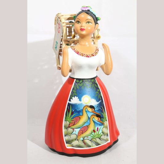 Lupita Doll Back Bird Cage Red Skirt Ceramic Mexican Folk Art