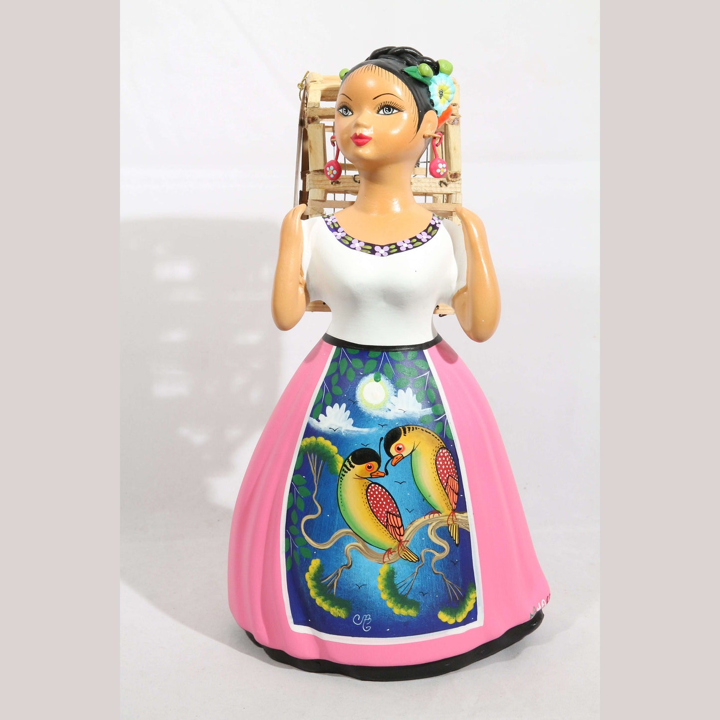 Lupita Doll Back Bird Cage Pink Dress Ceramic Mexican Folk Art