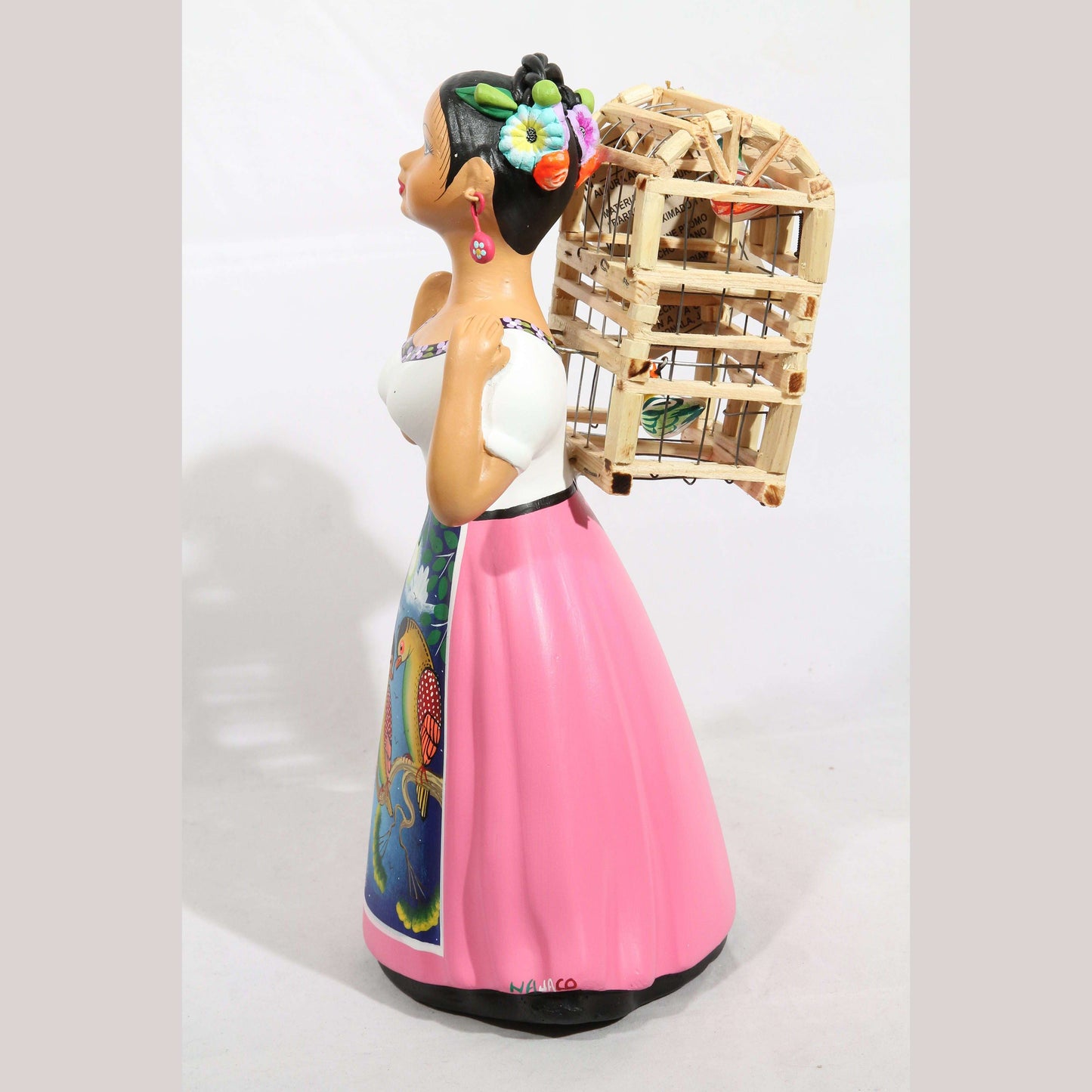 Lupita Doll Back Bird Cage Pink Dress Ceramic Mexican Folk Art
