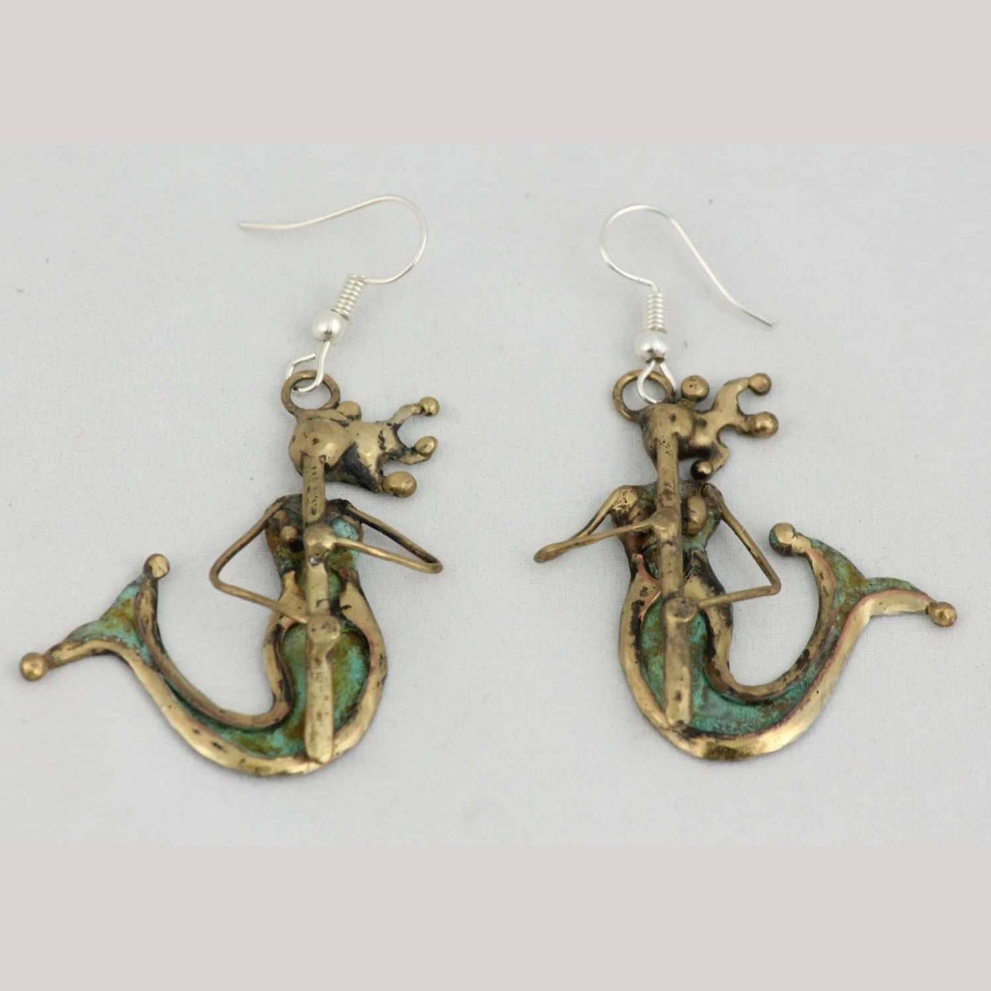 Hand Crafted Earrings Jewelry Mexican Folk Art Bronze Mermaids w Flute