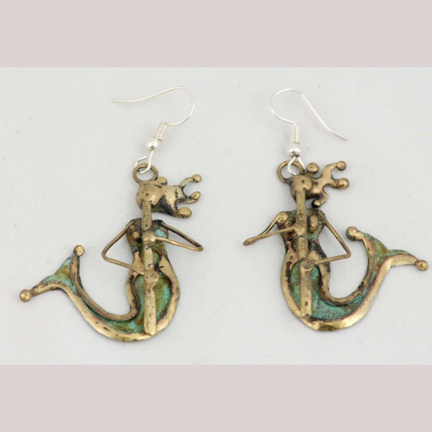 Hand Crafted Earrings Jewelry Mexican Folk Art Bronze Mermaids w Flute