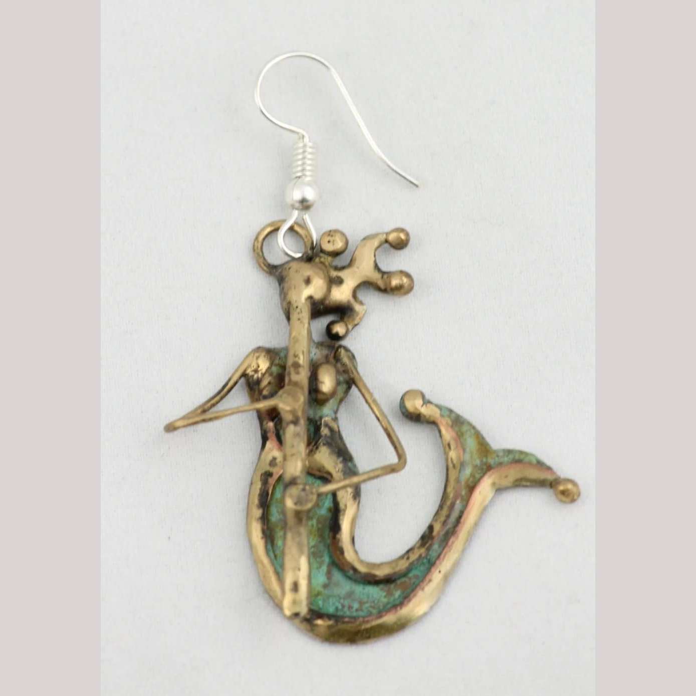 Hand Crafted Earrings Jewelry Mexican Folk Art Bronze Mermaids w Flute