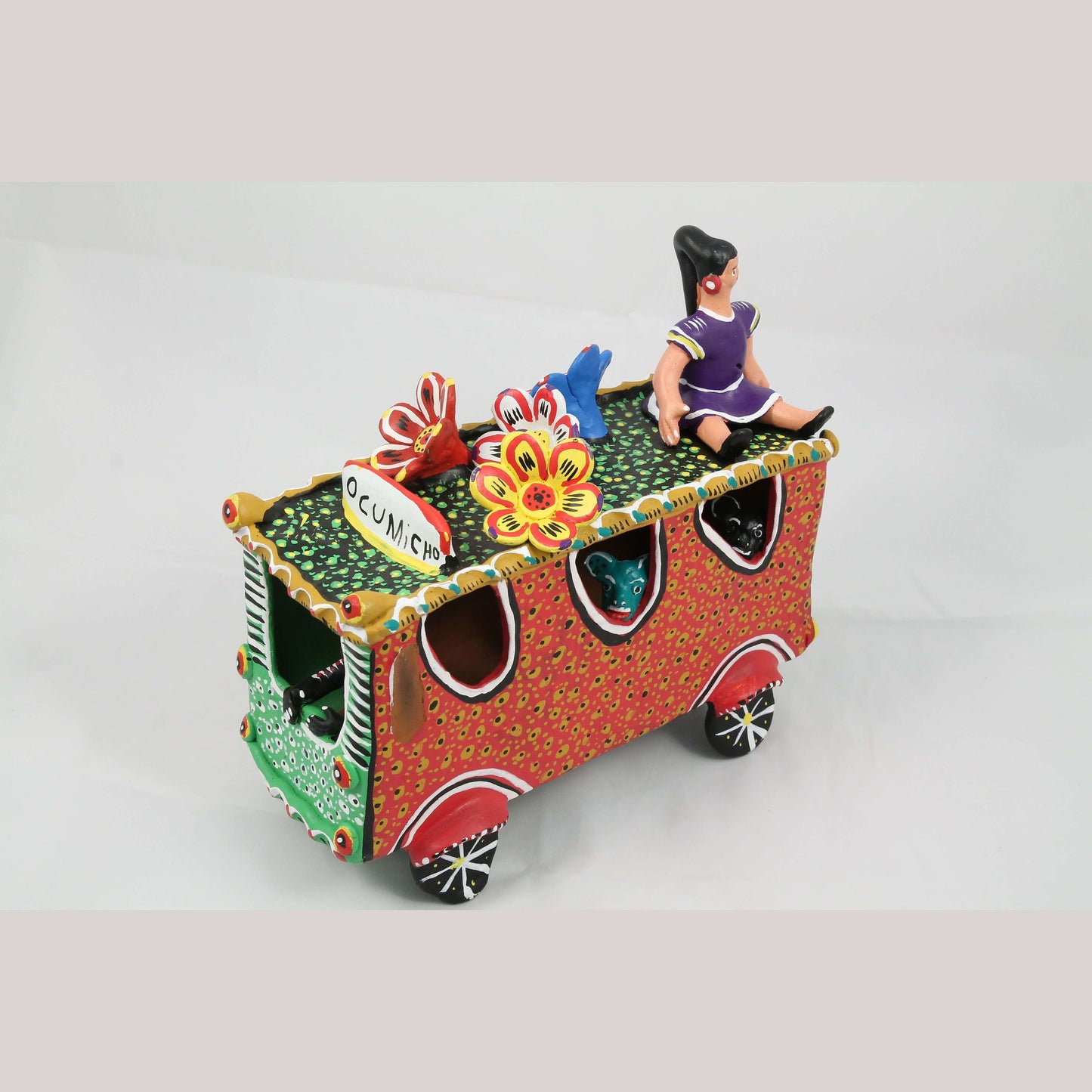 Ceramic Bus/Flowers/ Devil Figurines Mexico Folk Art Ocumicho Collectible Décor